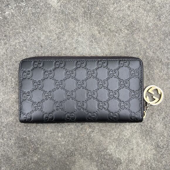 Gucci Black Monogram Leather Zip Wallet Interlocking GG Zipper Pull - Picture 2 of 14